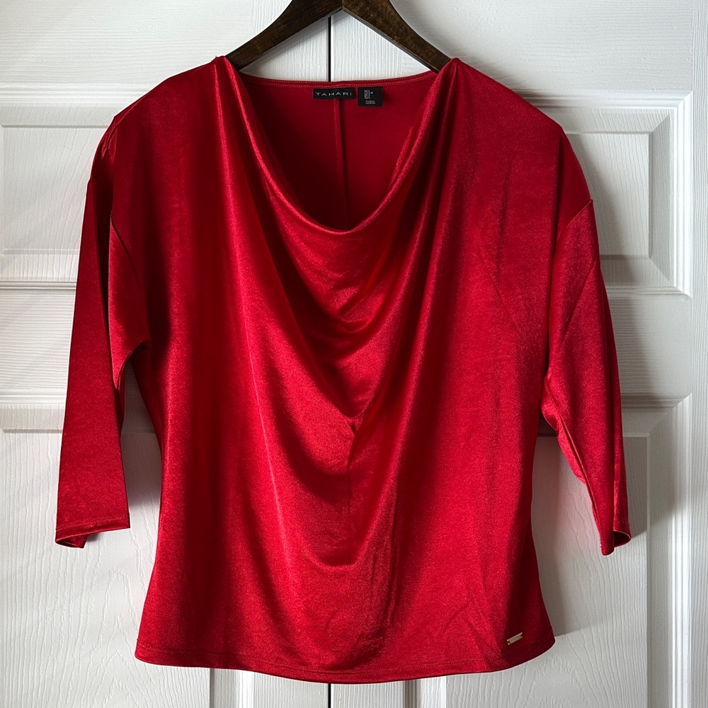Tahari Red Drape Neck Blouse